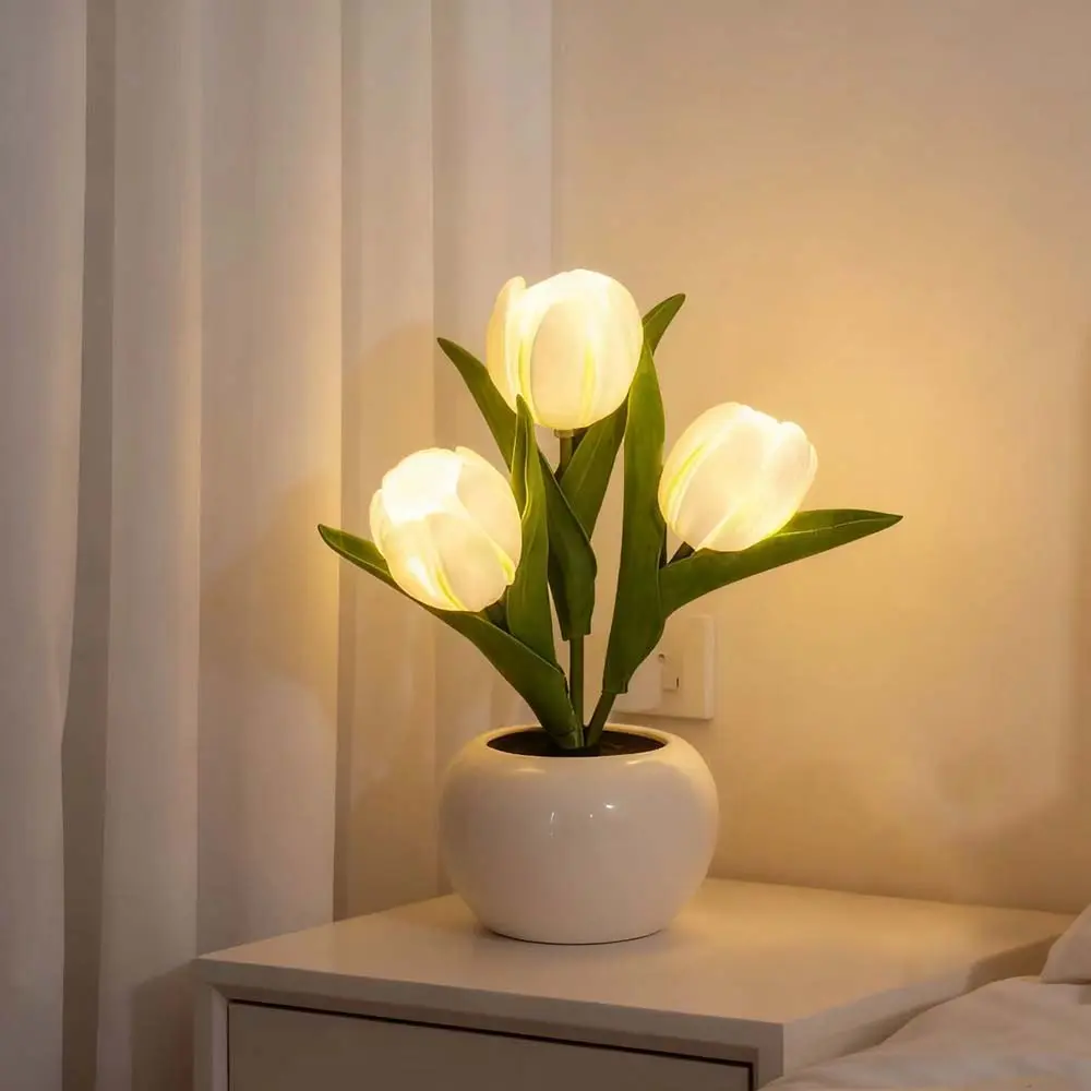White Tulip Artificial Flower Table Lamp - LED Aesthetic Ambiance Cute Decorative Night Light for Home Living Room, Birthday Party Decor Centerpieces, Aesthetic Night Lights