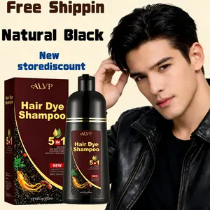ALVP 5 in 1 Hair Dye Shampoo Natural Black Long Lasting Color Nourishment 400ml Herbal Haircare for Women & Men Free  babla bear mohawk farndu gray silver with golden cherry brown 3-4 week dark champut inte coverage quick