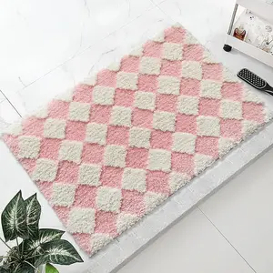Pink Bathroom Rug Cute Checkered Bath Mat for Bathroom Soft Super Absorbent Non Slip TPR Backing, Quick Drying, Machine Washable Bath Mats for Floor, Shower Sink,24" x 16"