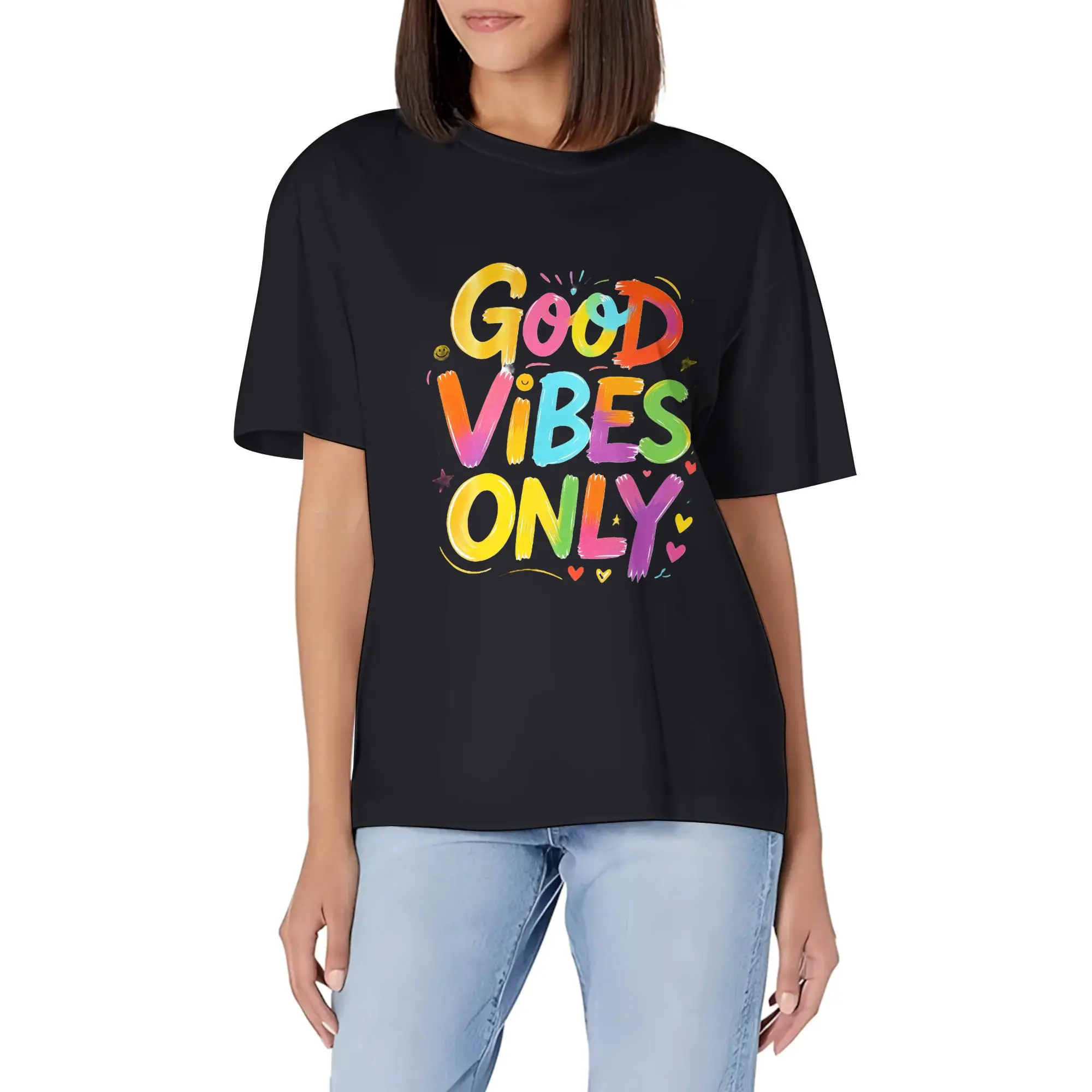 Women Good Vibes Only Graphic T Shirt Colorful Letter Print Short Sleeve Tee Casual Crew Neck Loose Fit Summer Top Trendy Streetwear Shirt for Women Everyday Wear S-6XL Womenswear Crewneck