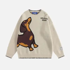Aelfric Eden Hand Drawn Dachshund Jacquard Sweater Unisex Trendy Streetwear Oversized Knit Pullover Soft Fabric Cute Knotted Detail Casual Warm Crew Neck Top