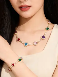 Vintage Rainbow Heart Paved CZ Necklace & Bracelet Set | Luxury Full-Diamond Heart Choker | Minimalist Versatile Stackable Jewelry | Delicate Accessories for Dates & Commute