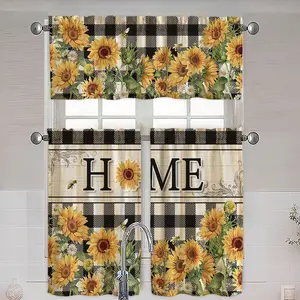 JIT 1PC/2PCS/3PCS linen printed curtains, Nordic style with sunflower patterns, featuring "home" text and checkered design, semi-transparent rod-pocket type, 195G fabric texture, suitable for kitchens and bedrooms, making your home warmer and cozier.
