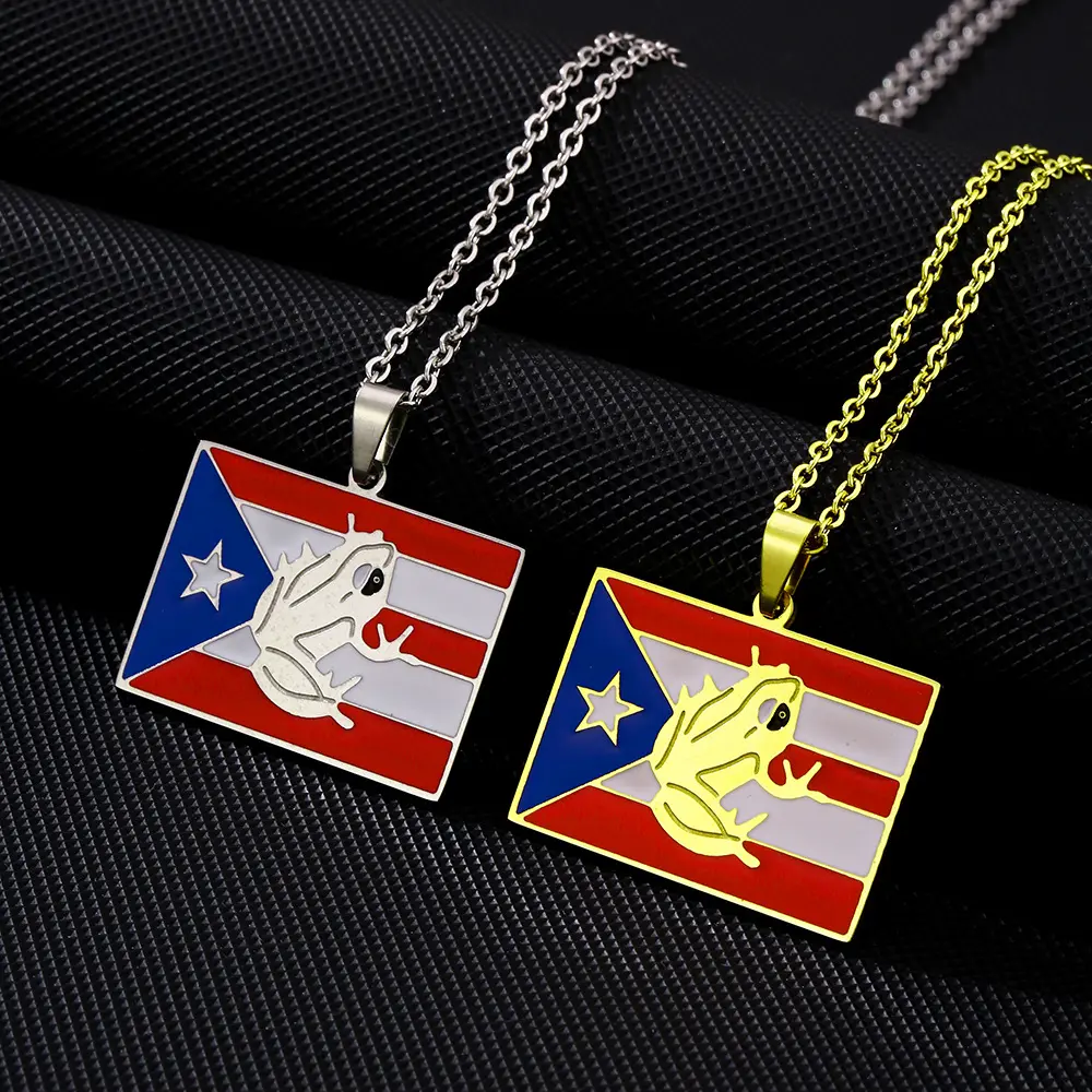 Classic Statement Necklace with Puerto Rican Flag Motif, Retro Stainless Steel Exquisite Chain Jewelry for Unisex Daily Wear, Fashion Accessory, Casual, Female, Metal Coating, Ethnic
