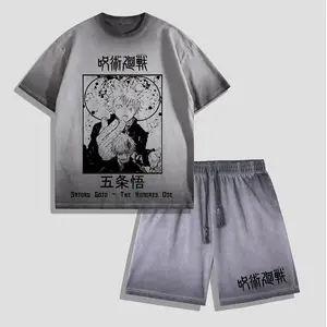 Jujutsu Kaisen Satoru Gojo Washed T-Shirt Shorts Set, Vintage Anime Streetwear, Oversized The Honored One Graphic Tee