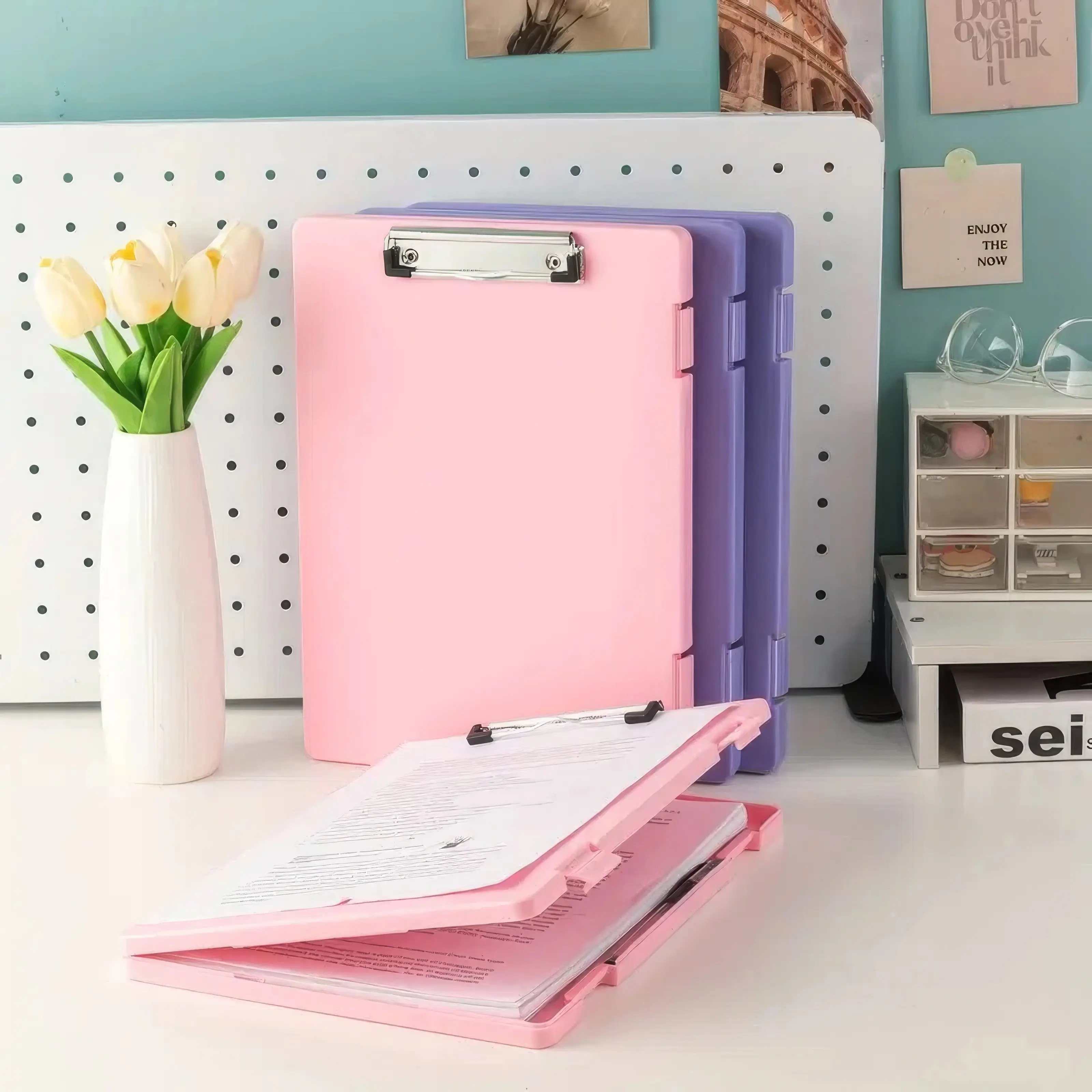 Pink Folder Organizer Box – Sturdy Desktop File Holder Storage Container for Documents, Papers, Magazines, Cute Collapsible Book File Box for Home Office School Supplies