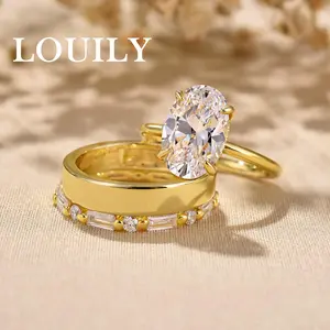 Louily Jewelry 3.5 Carat Classic Oval Cut Wedding Ring Set, Engagement Ring Set for Women, 5A Cubic Zirconia Golden Ring