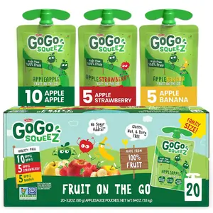 GoGo squeeZ Fruit on the Go Variety Pack, Apple, Banana & Strawberry, 3.2 oz (Pack of 20), Unsweetened Snacks for Kids, Gluten Free, Nut and Dairy Free, Recloseable Cap, BPA Free Pouches