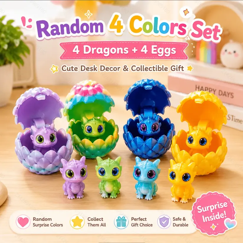 Random 8pcs(4dragons+4eggs) Gradient Color 3D Print Dragon Egg Statue, Mini Flexible Dragon Figure Ornament for Desk Decor