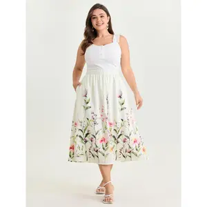 BLOOMCHIC Women's Plus Size Rayon Midi Skirt - Cute, Smooth Fabric Garment, Pocketed Bohemian In Bloom Print, Flowy Mid-Length Baggy Fit, [M-6X] 2026 Summer Vibes, Deals