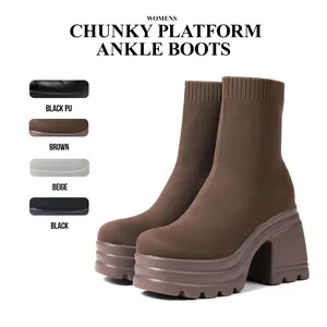 Womens Platform Ankle Boots Elegant Square Toe Thick Sole Chunky Block Heel Pull on Fashionable High Heels Boots Modern Spring Booties
