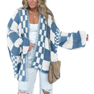 Casual Cardigan Sweater for Women Fall 2026 Long Sleeve Open Front Chunky Knit Sweaters Checkered Outwear CoatGift