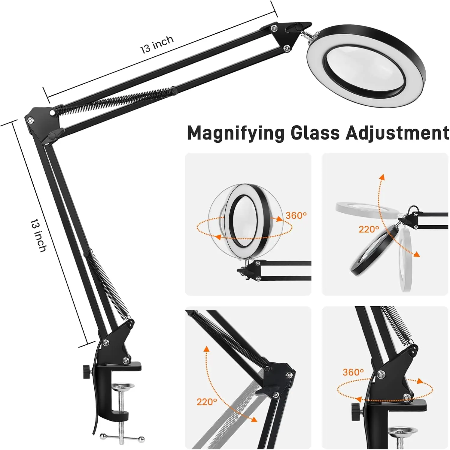 10X Real Glass Lens LED Lighted Magnifier Desk Lamp - Adjustable LEDs, Dimmable, 3 Color Modes, Adjustable Swing Arm, Clamp-On, Button-Controlled, No Batteries Required - for Crafts, Repairs, Reading, Tabletop Office Desk Lighting