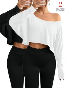 Women's Solid off Shoulder Loose Fit Tee, Casual Long Sleeve Crop Top for Daily Holiday Outdoor Wear, Ladies Clothes for All Seasons