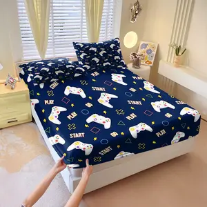 3Pcs Gamer Controller Pattern Fitted Sheet Set, Navy Blue Bedding Set, Soft Microfiber Material, All-Season, Cozy Breathable, for Boys Teens, Perfect Gift for Game Lovers. Includes 2 Pillowcases, No Pillow Core