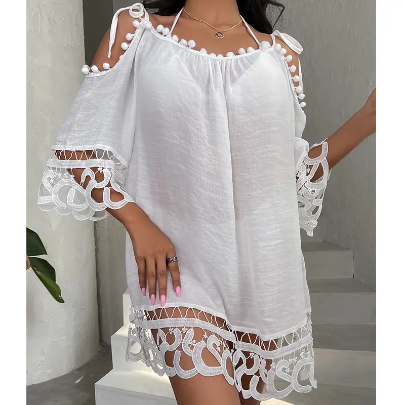 Hollow-out lace sexy solid color beach dress, loose casual vacation beach sun protection cover-up swimsuit