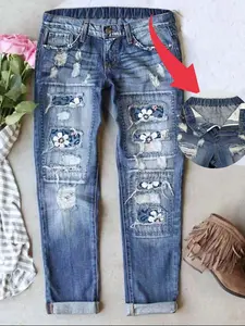 Ripped Boyfriend Jeans for Women Distressed Skinny Denim with Holes Plaid Floral Print Patchwork Design Stretch Waistband Comfort Casual Pants