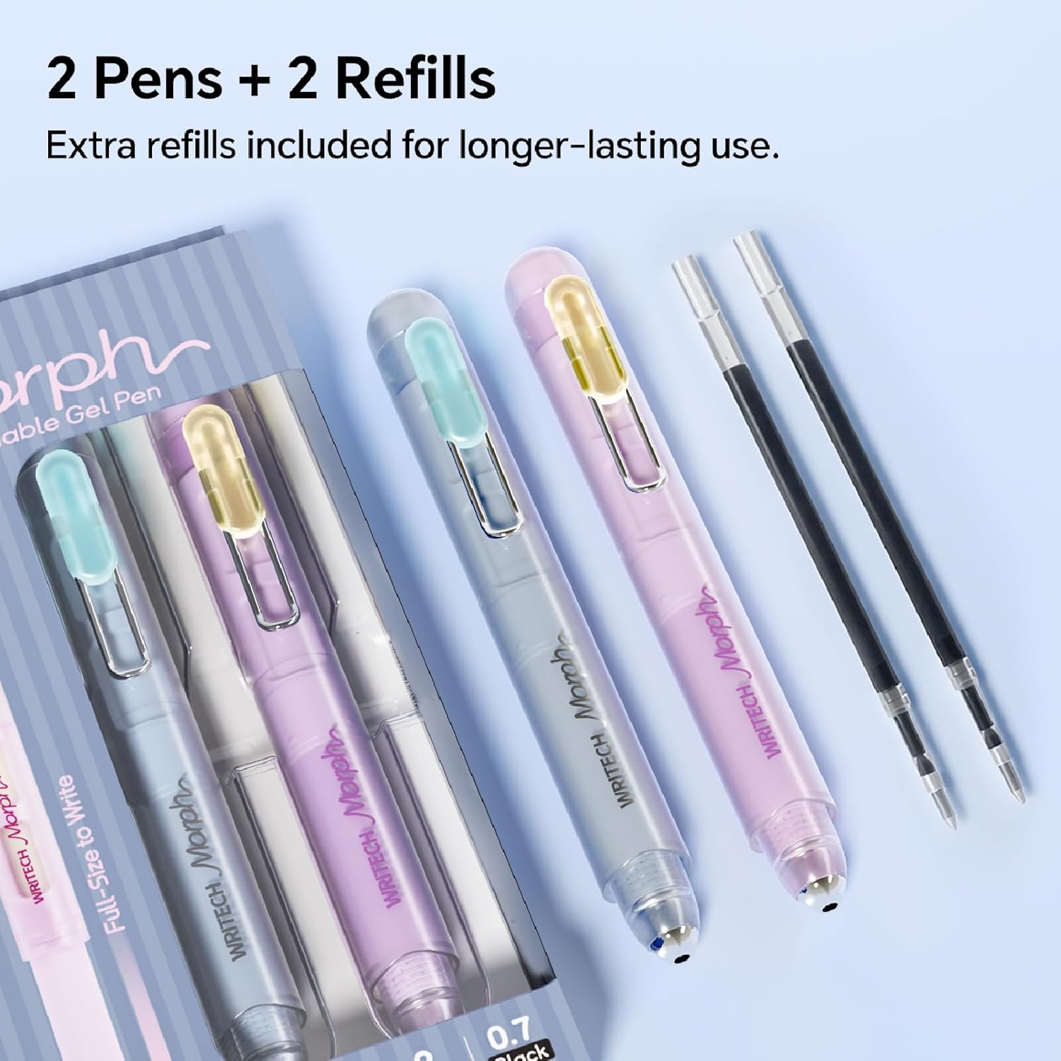 WRITECH Morph Extendable Gel Pen: 0.7mm Medium Point Black Ink Pocket-to-Full-Size Design Translucent Soft Grip Barrel Includes 2 Pens and 2 Refills Dual-Length Pocket Pen 4.6" to 6.1"