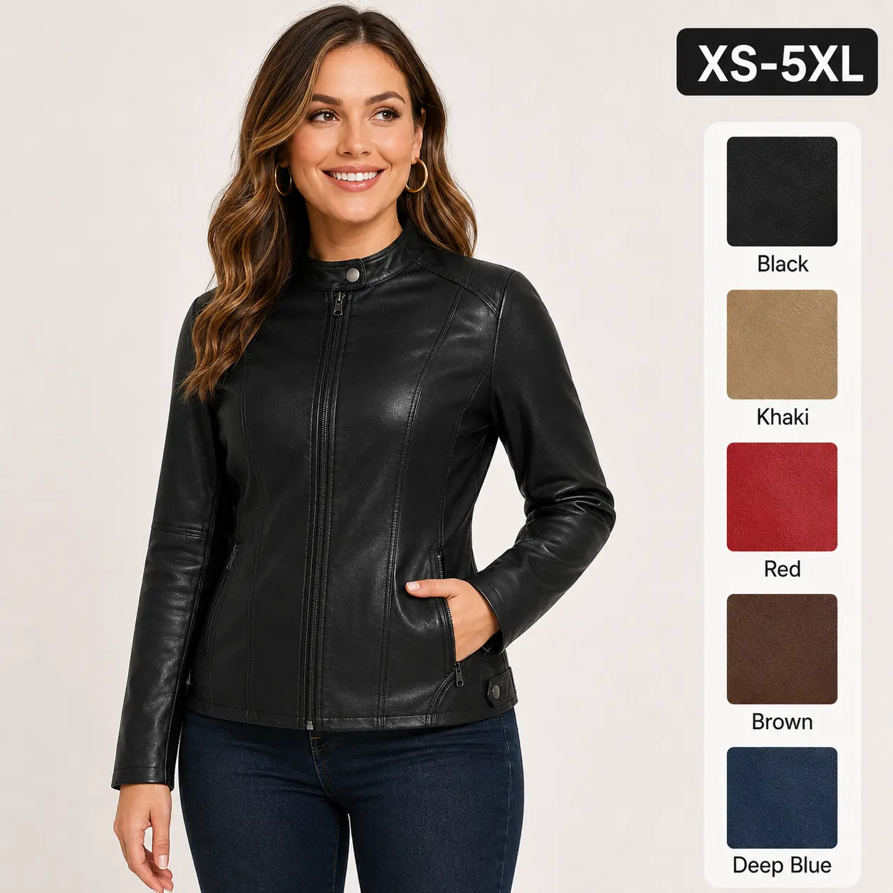 Women Stand Collar Slim Fit PU Leather Jacket, Full Zip Short Motorcycle Coat, Casual Windproof Outerwear XS-5XL 5 Colors