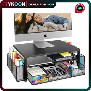 Desk Organizer & Accessories - 2-Tier Computer Monitor Stand with Drawer & 2 Pen Holders, Black, Office Desk Accessories for Office Supplies