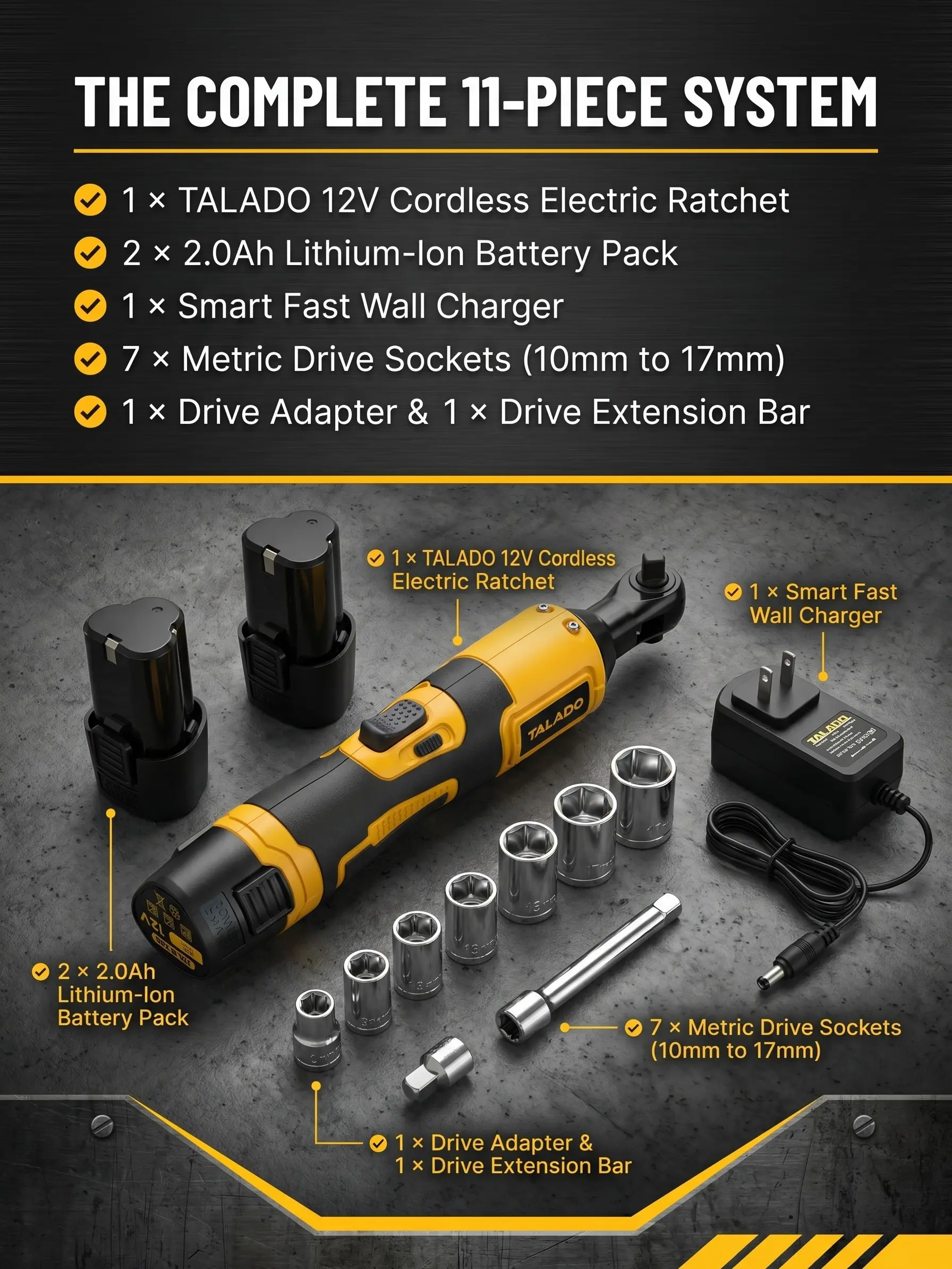 TALADO 12V Cordless Ratchet Wrench, Compact 3/8" Power Ratchet Tool Kit for Tight Spaces & Fast Auto Repair (Includes 2.0Ah Battery, Fast Charger & Sockets)