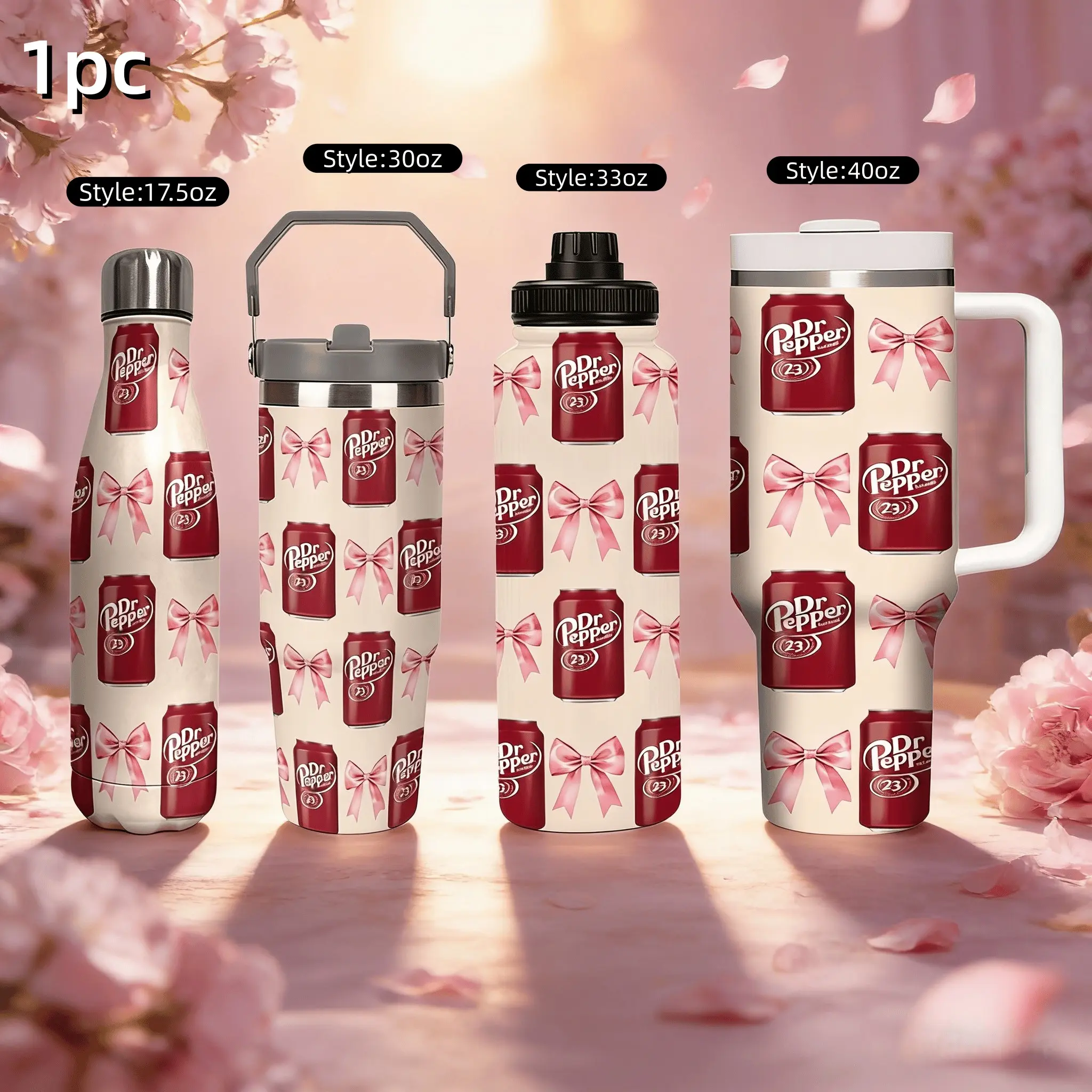1pc 17.5/30/40oz Stainless steel insulated water bottle Pink bow pattern Dr Pepper-themed travel cup, Insulated Travel Drinkware, Serve hot and cold drinks,Large-capacity drink lover gift, for Outdoor,Activities,Camping,Christma