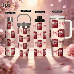 1pc 17.5/30/40oz Stainless steel insulated water bottle Pink bow pattern Dr Pepper-themed travel cup, Vacuum Insulated Flask,Serve hot and cold drinks,Large-capacity drink lover gift,Double-Perfect for Outdoor,Activities,Camping,Christma
