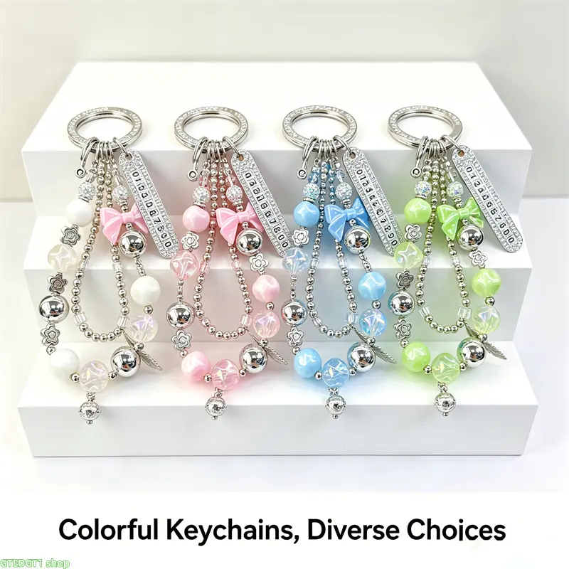 Casual Floral Keychain for Girl, Pastel Acrylic Beaded Female Charm with Holographic Bow Shape, Lightweight Bag Accessory, Gift, Number Tag, Everyday, Fits Backpacks