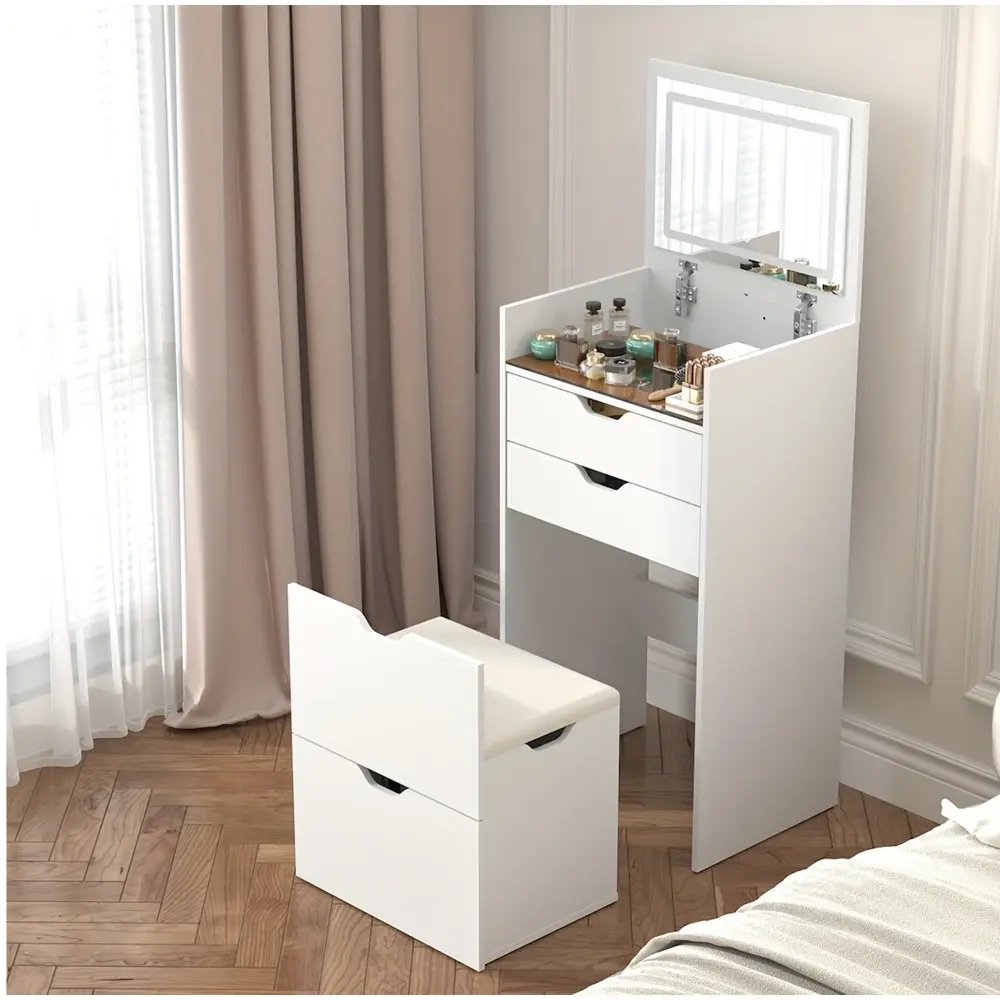 Glam Modern 3-in-1 Multifunctional Dressing Table Set for Women with Stool - Sturdy, 13.7"d x 17.9"w x 47.2"h, Waterproof HD Mirror, 3 Lighting Modes, 2 Sliding Drawers, Hidden Storage Stool, Vanity Organization, Assembly Required