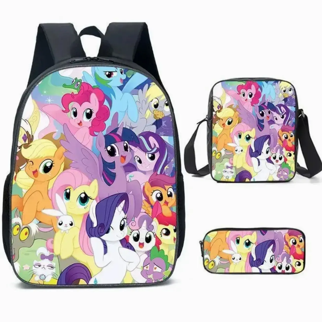 Sweet Fairy Pony Princess Cartoon Student Bag Set | 3Pcs Large Capacity Backpack Insulated Lunch Tote Pencil Pouch | Fun Student Gift Box