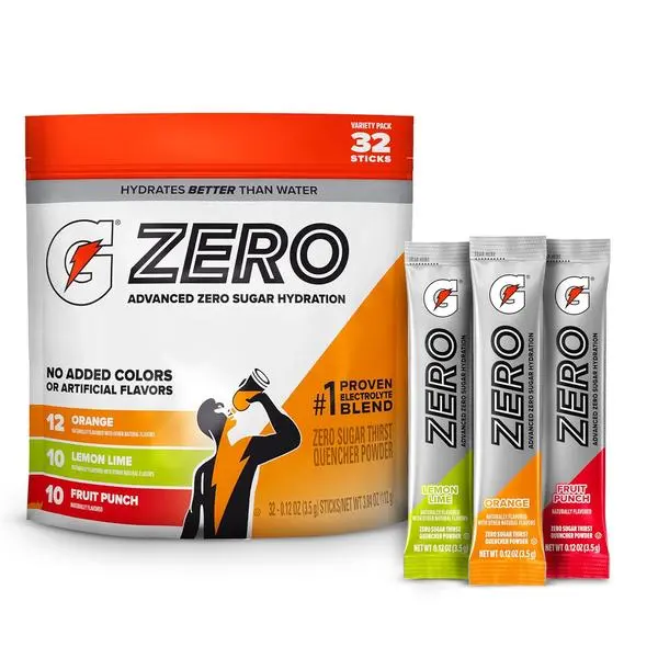 Gatorade Zero Sugar Electrolyte Powder Drink Mix, 3 Flavor Variety Pack, (32 Servings), No Artificial Flavors, No Added Colors, Zero Sugar, Sports Drinks, Hydration, Electrolyte Drink