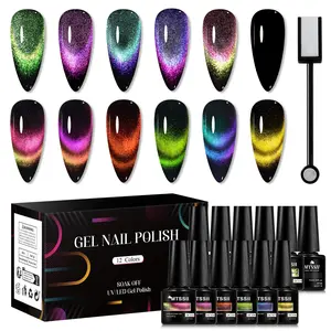 12 Colors Reflective Magnetic Nail Polish Set, 1 Set Starry Sky Effect Cat Eye Long Lasting Soak Off Gel Nail Art Gift, Nail Art DIY for Women & Girls