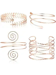 4PCS Coil Upper Arm Cuff Bracelet for Women Adjustable Armband Smooth Open Victorian Filigree Swirl Boho Wrist Wrap Silver Rose Gold Leaf Bangle Armlet Bracelets