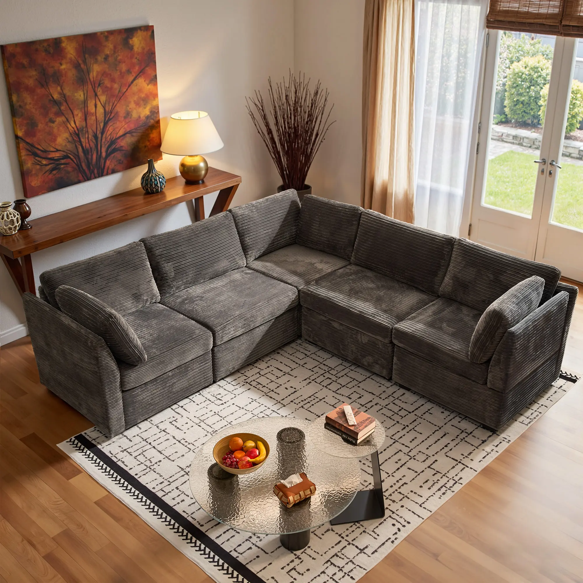 5PCS Corner Modular Sectional Couch Plush Corduroy Fabric Sofa Set, Extra Large 5 seat V Shaped Corner Sectional Cloud Couch for Living Room, 2 Middle and 3 Corner,Free Combination