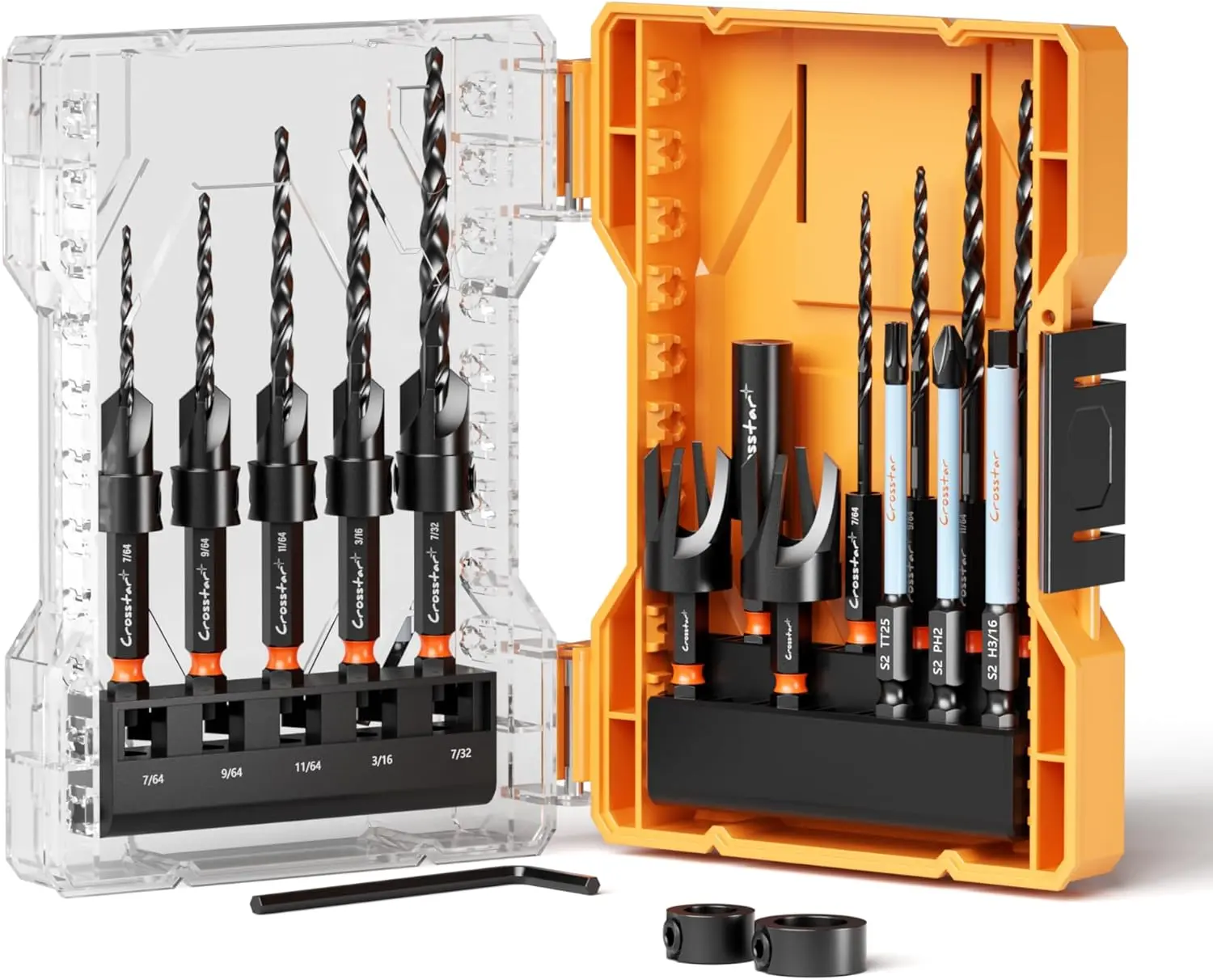 Crosstar 18PCS Countersink Drill Bit Set with Wood Plug Cutter & Stop Rings | Tapered Pilot Bits, M2 HSS, 1/4" Quick Change Hex Shank | All-in-One Woodworking Kit with Storage Box