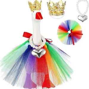 Desktop Goose Crown Hat diy toy, Colorful Tulle Skirt, Heart Necklace Set, Valentine's Day Pet Hat Decoration Props