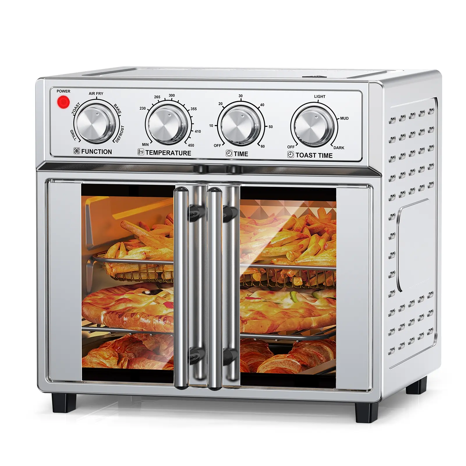 PlumChef 26QT Extra-Large French Double-Door Air Fryer Convection Toaster Oven, 1700W, 7 Preset Menus, 7-in-1 Multi-Function for Bake, Roast, Grilling,Toast,Dehydrate& Defrost, Stainless Steel
