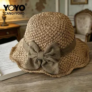 Original design, versatile retro woven handmade straw hat with ruffled bow, elegant French sun hat, foldable, breathable travel beach hat. Adjustable Sun Hat Fashion Matching Hat
