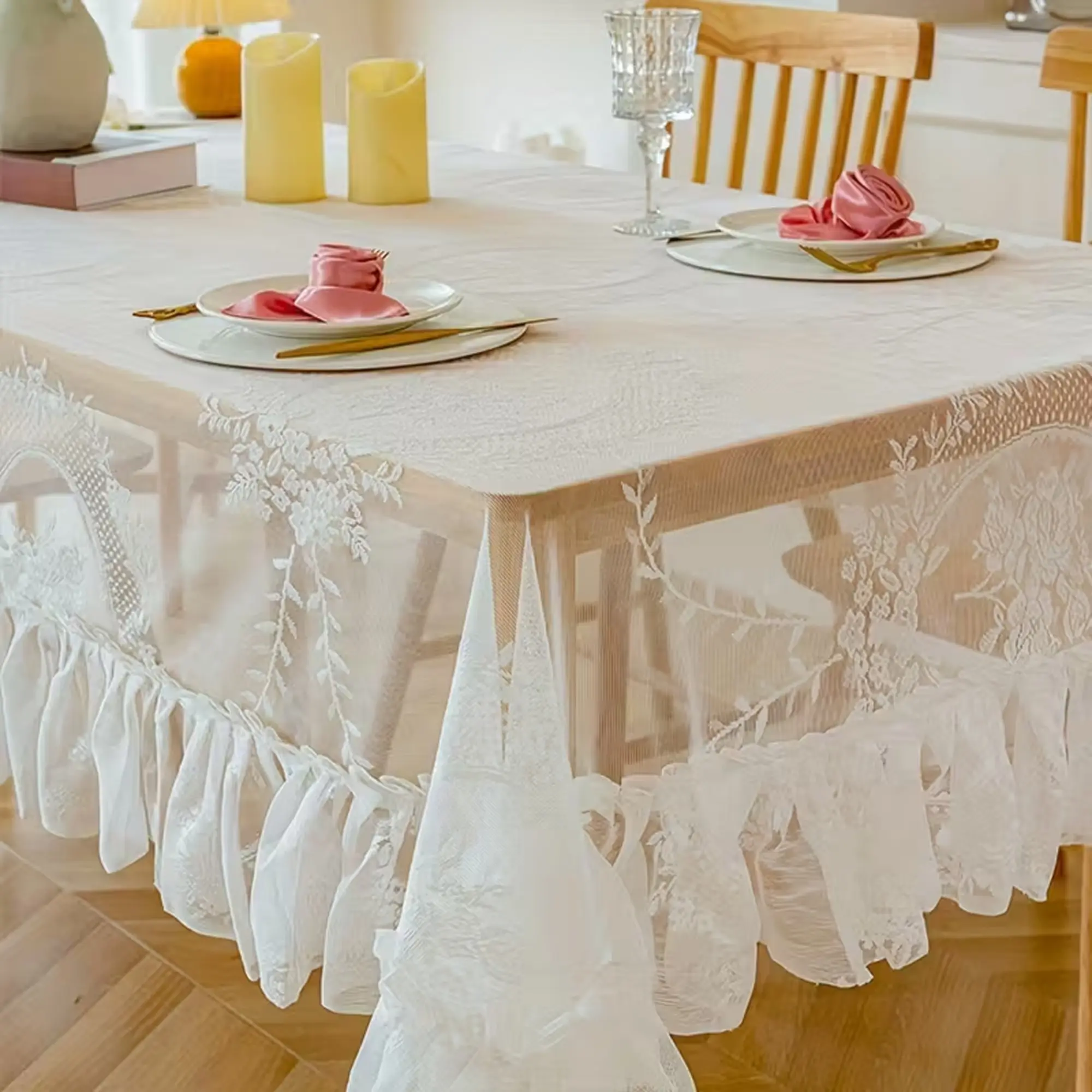 1pc Elegant Lace Hollow Out Tablecloth with Leaf Pattern, Frilly Ruffle Edges, Durable and Easy to Clean, Perfect for Kitchen & Dining Room, Picnic Table Cover, Washable Table Cover