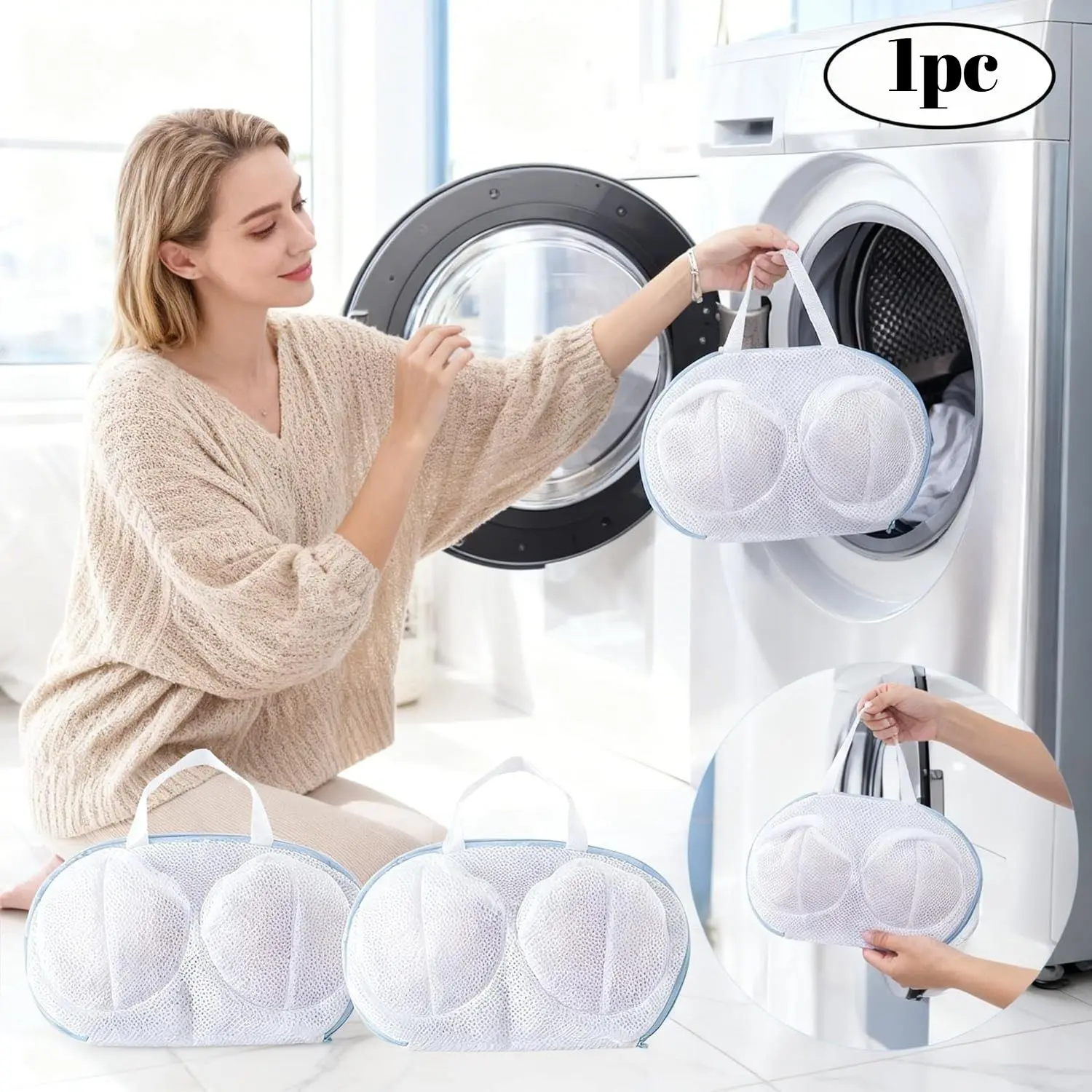 Laundry Mesh Bag for Delicate Items - White with Blue Trim, Ideal for Washing Bras and Underwear, Durable and Convenient Design