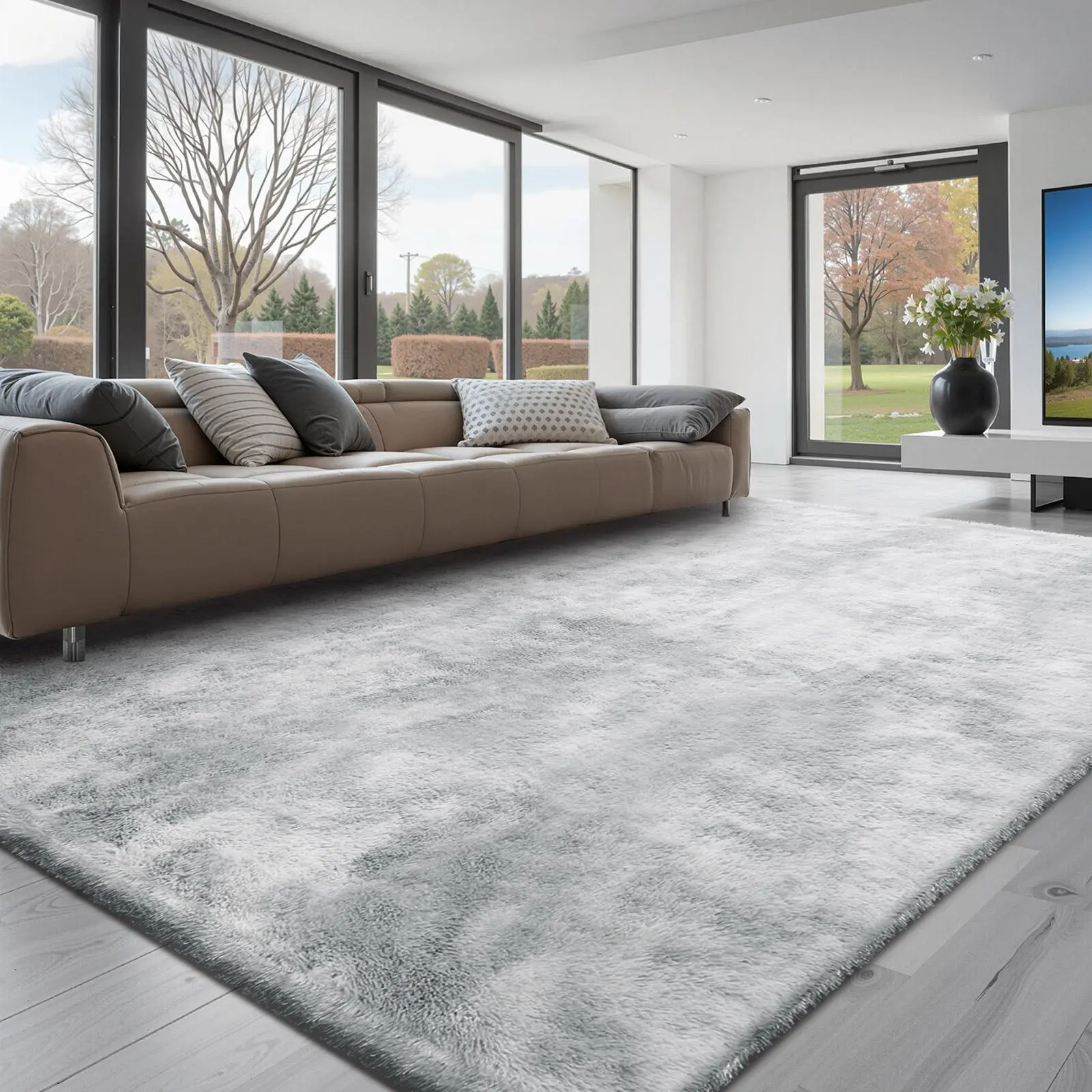 【SummerFinds】VEVOR Indoor Plush Area Rugs, 9 x 12 ft Soft Plush Carpet, Furry Shag Area Rugs for Living Room, Bedroom, Modern Home Decor Aesthetic Long-Pile Rug, Non-Shedding, Slip-Resistant, Tie-Dye Light Gray