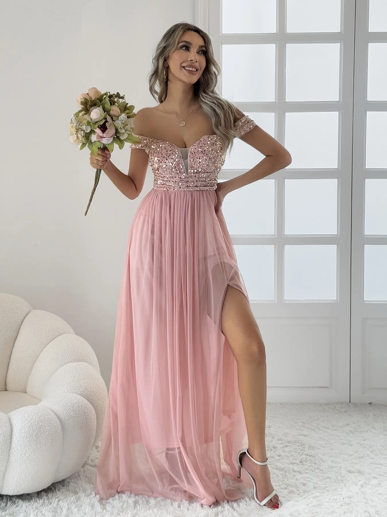 Formal Shining Sequin Gown for Women - Sweet Off-Shoulder Style with Slit, Long Party Fit for a Night Out, M, Evening, Outfit Of The Night, Dress Up