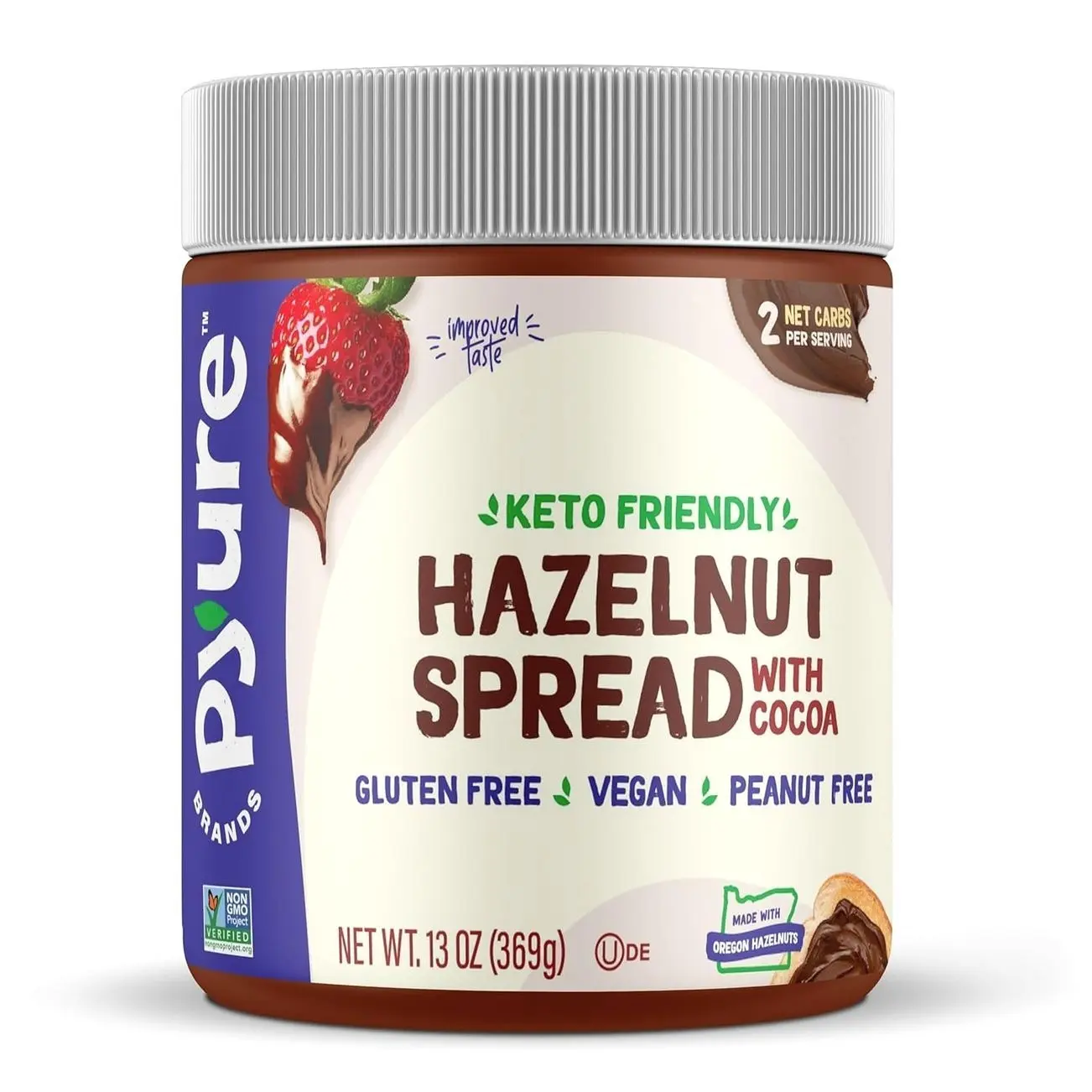 Pyure Keto Hazelnut Chocolate Spread | Sugar-Free, Low Carb, Vegan Nutella Alternative | 2g Net Carbs, Gluten-Free, Peanut-Free, Plant-Based, Non-GMO, Keto Snack, Vegan Sweets | 13 oz Jar