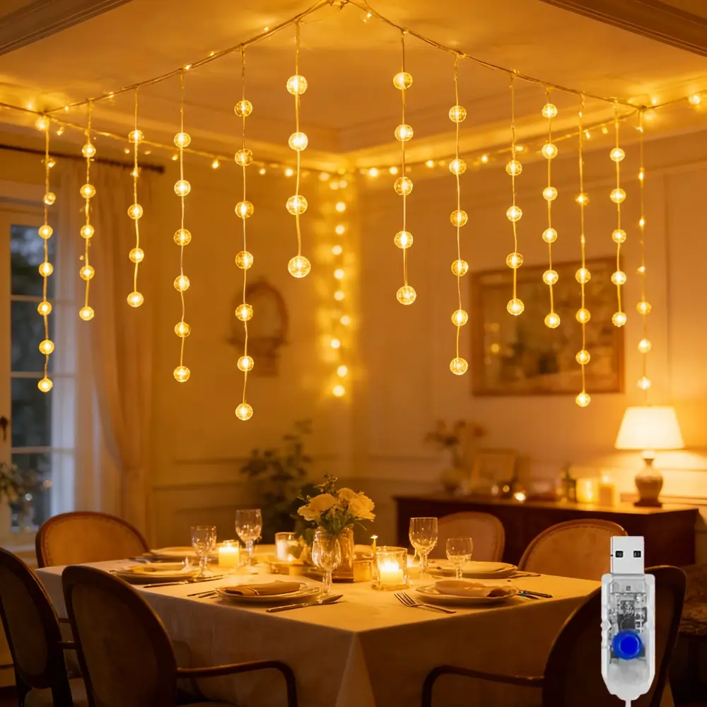 Valentine's Day Curtain Lights, LED String Lights Crystal Ball Curtain Lights, 50 crystal balls USB Power Supply, Led Lights Bedroom, Led Atmosphere Lights, Suitable for Proposal, Birthdays, Weddings, Warm Light
