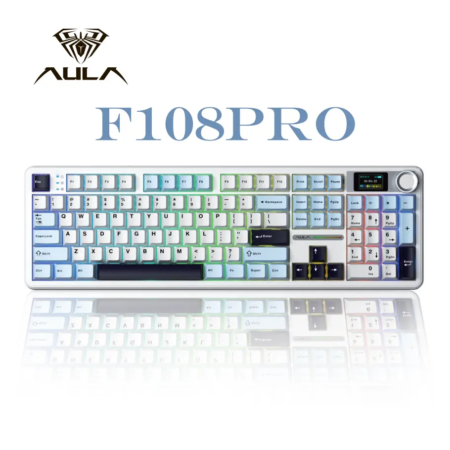 New AULA F108 Pro Tri-Mode Wireless Mechanical Keyboard - Hot Swappable RGB Backlit Smart Screen Knob Full Size 108 Keys USB-C Bluetooth 2.4GHz for Computer Accessories