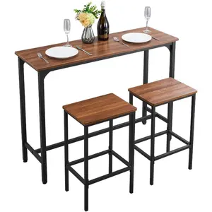 summervibes 3PCS Bar Table and Stool Set, 47 in Rectangular Pub Table with 2 Stools, Round Edges Design, Rustic Brown & Black, for Office Desk, Breakfast Corner