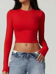 Women's Solid Round Neck Compression Sports Tee, Quick Drying Long Sleeve Crop T-shirt, Yoga Pilates Gym Activewear, Ladies Sportswear for Indoor Outdoor Wear, Quick Drying Top, Athletic Top, Sports Tops