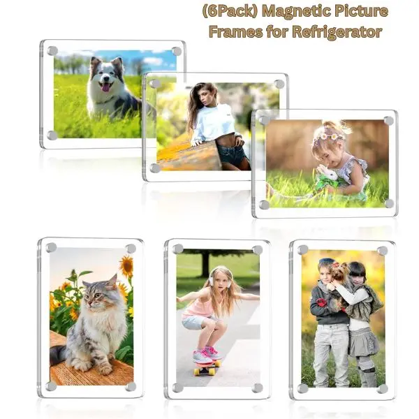 6-Pack Modern Square Acrylic Magnetic Photo Frames, 2.36x3.54in Mini Double-Sided No-Drill Framed Magnetic Fridge Decor, Home Kitchen Accent, Mom’s Gift, Framed Magnetic Frames