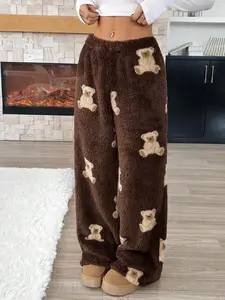 Women's Casual Cartoon Bear Pattern Drawstring Waist Teddy Wool Pants, Fall Winter Long Leggings, Comfortable and Warm（gift） Fabric Womenswear