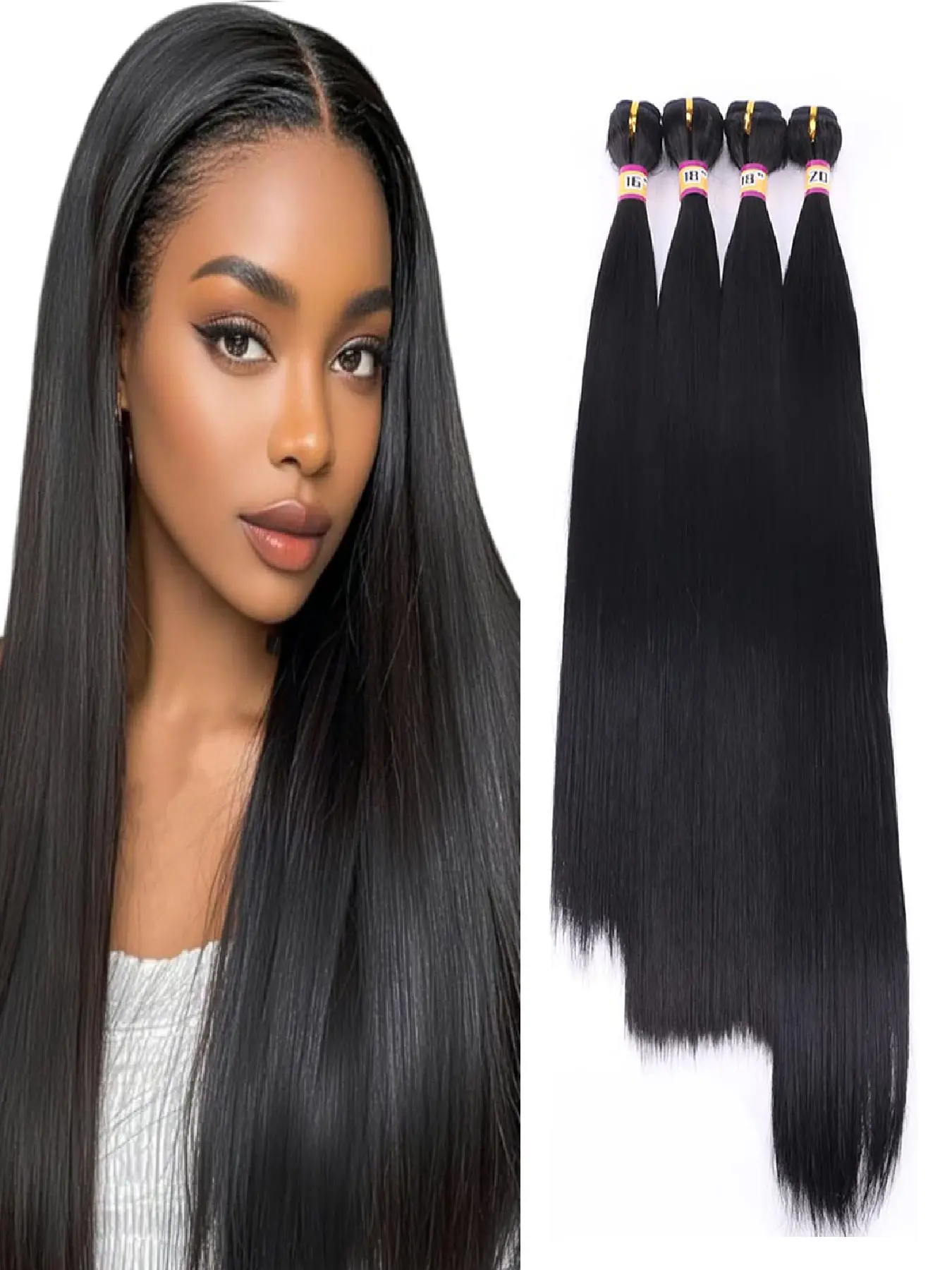 Synthetic Silky Straight Hair Weave 4 Bundles 16 18 18 20 Inches Quick Weave Hair Bundles Double Weft Fiber Hair Extensions Synthetic Hairpiece Straight Synthetic Hairpieces